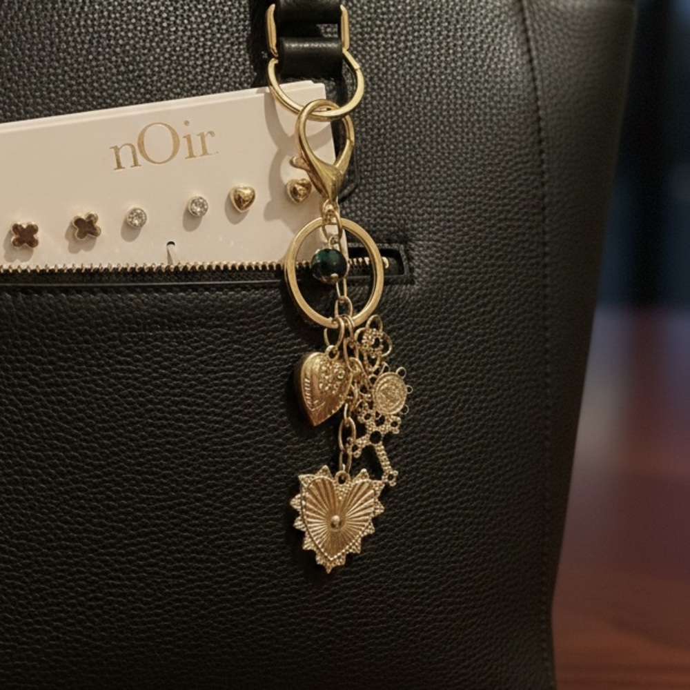 nOir Jewelry Gold Tone Charm Keychain & Stud Earring Set Boxed Gift NWT - Picture 5 of 6
